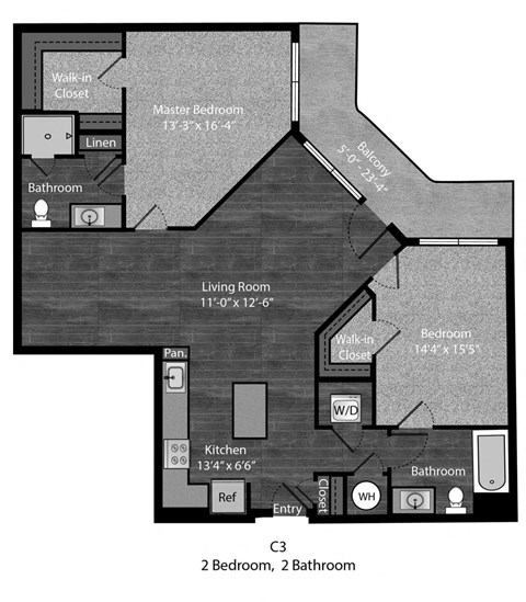 Floor plan for 2 beds, 2 baths, 1174 sqft
